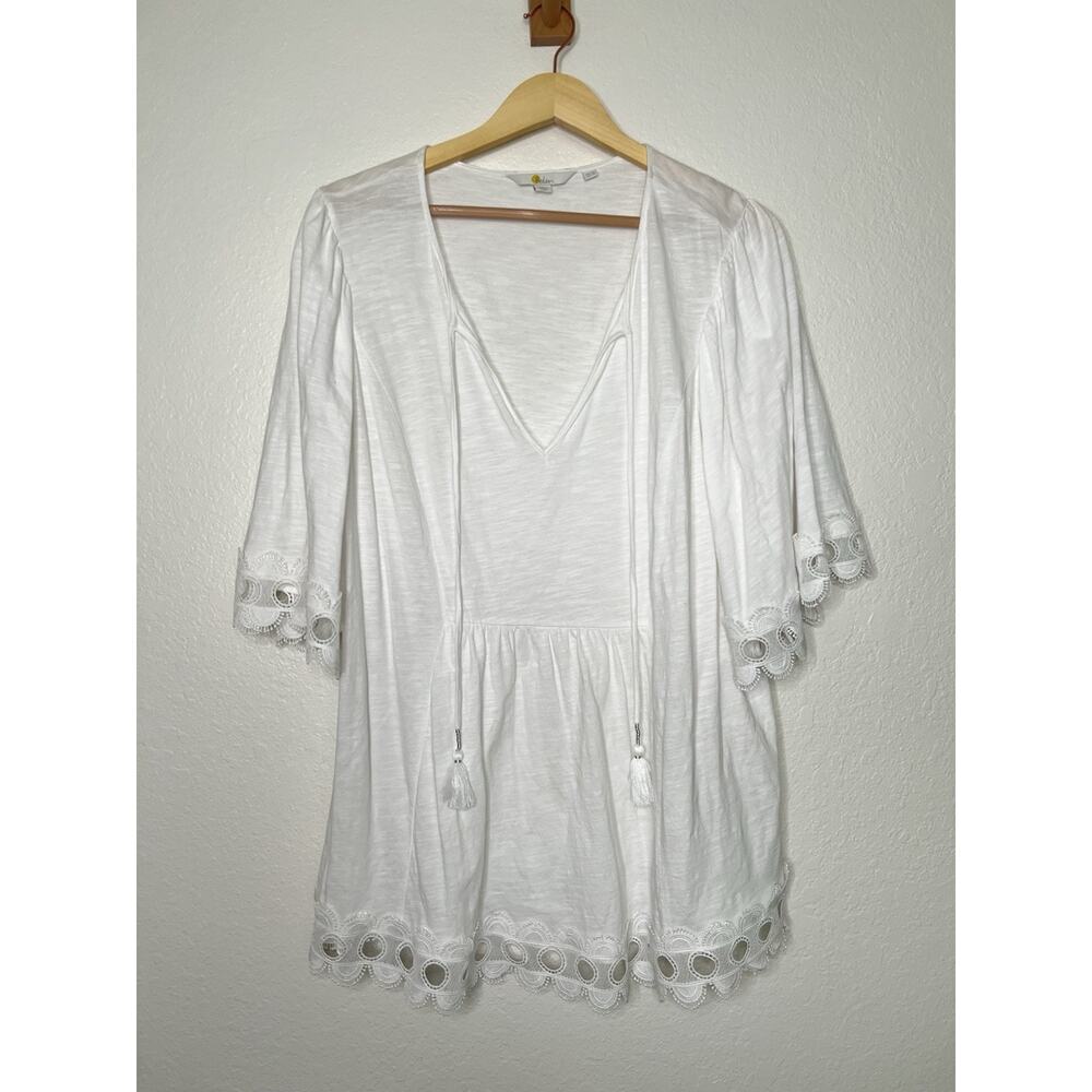 Boden Ayla Jersey Top in White Boho Lace Hem Fringe Tassel Ties Size 18